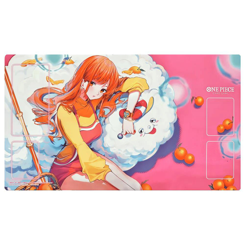 Anime-Spielmatte mit einem Mädchen, Wolken, Orangen und einem One Piece-Logo.
