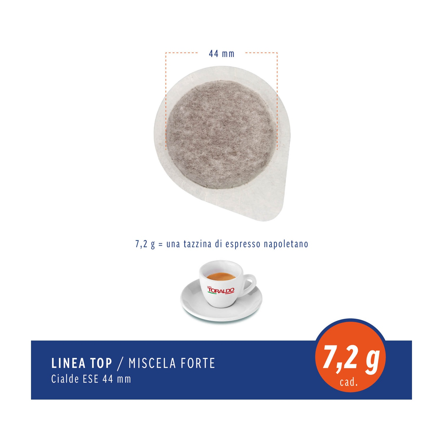 Cialda di caffè, tazzina di espresso e testo. Lo sfondo è bianco.