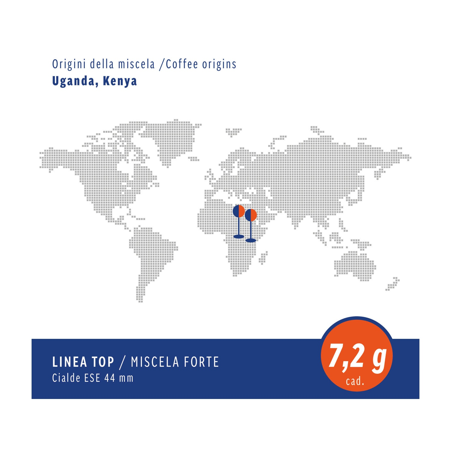 Mappa con punti di origine del caffè in Uganda e Kenya. Indicatori arancioni e blu. Sfondo bianco.