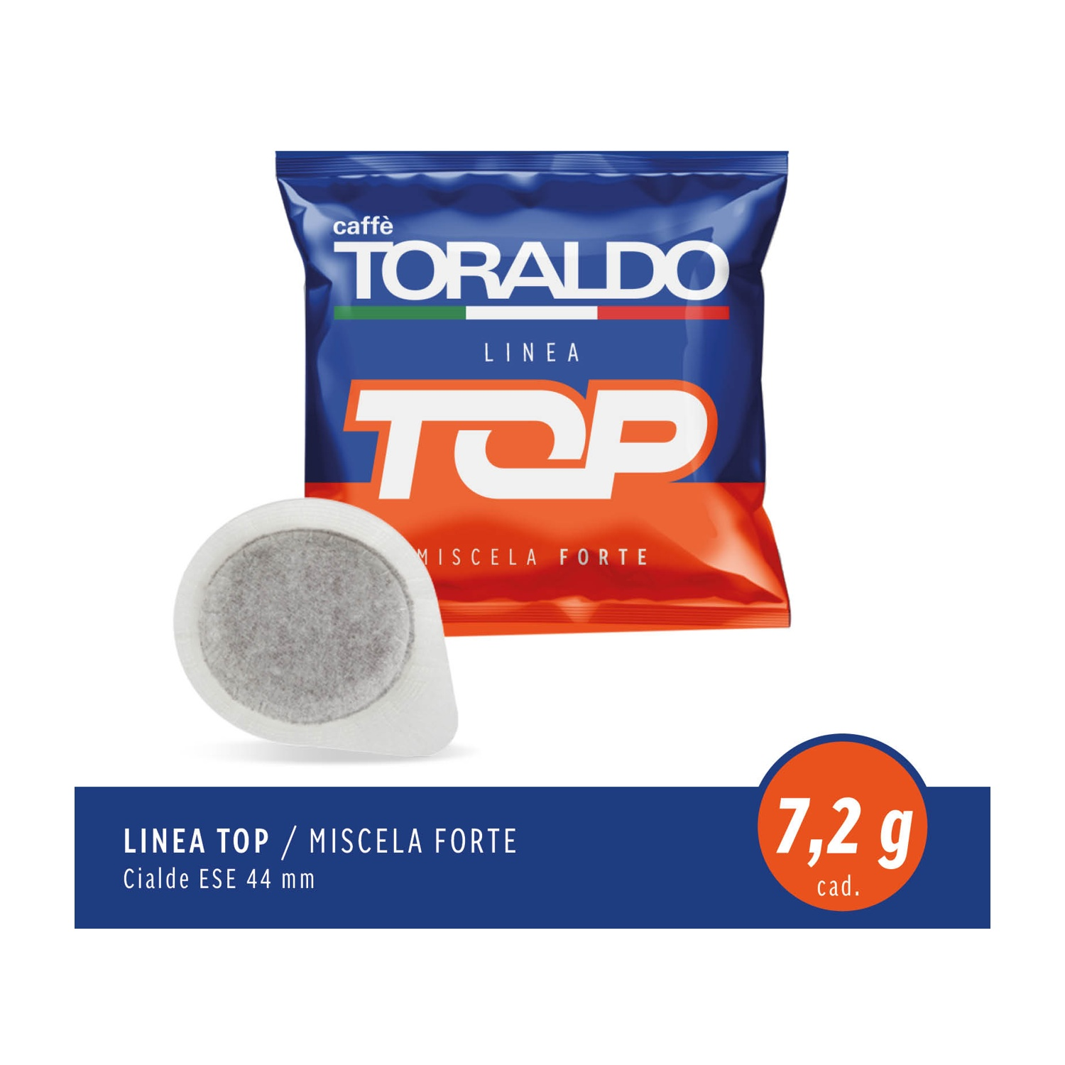 Cialda e pacchetto di caffè. Marchio Top Miscela Forte. Cialda visibile. Colori arancione e blu. Etichetta 7,2g.