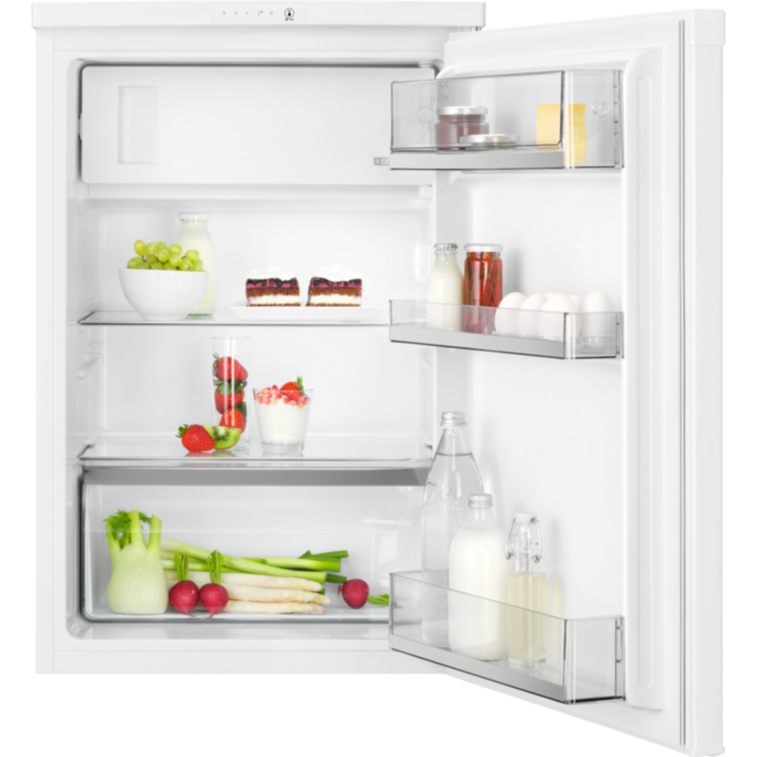 A fridge interior with shelves and various foods, including fruits, vegetables, and drinks.