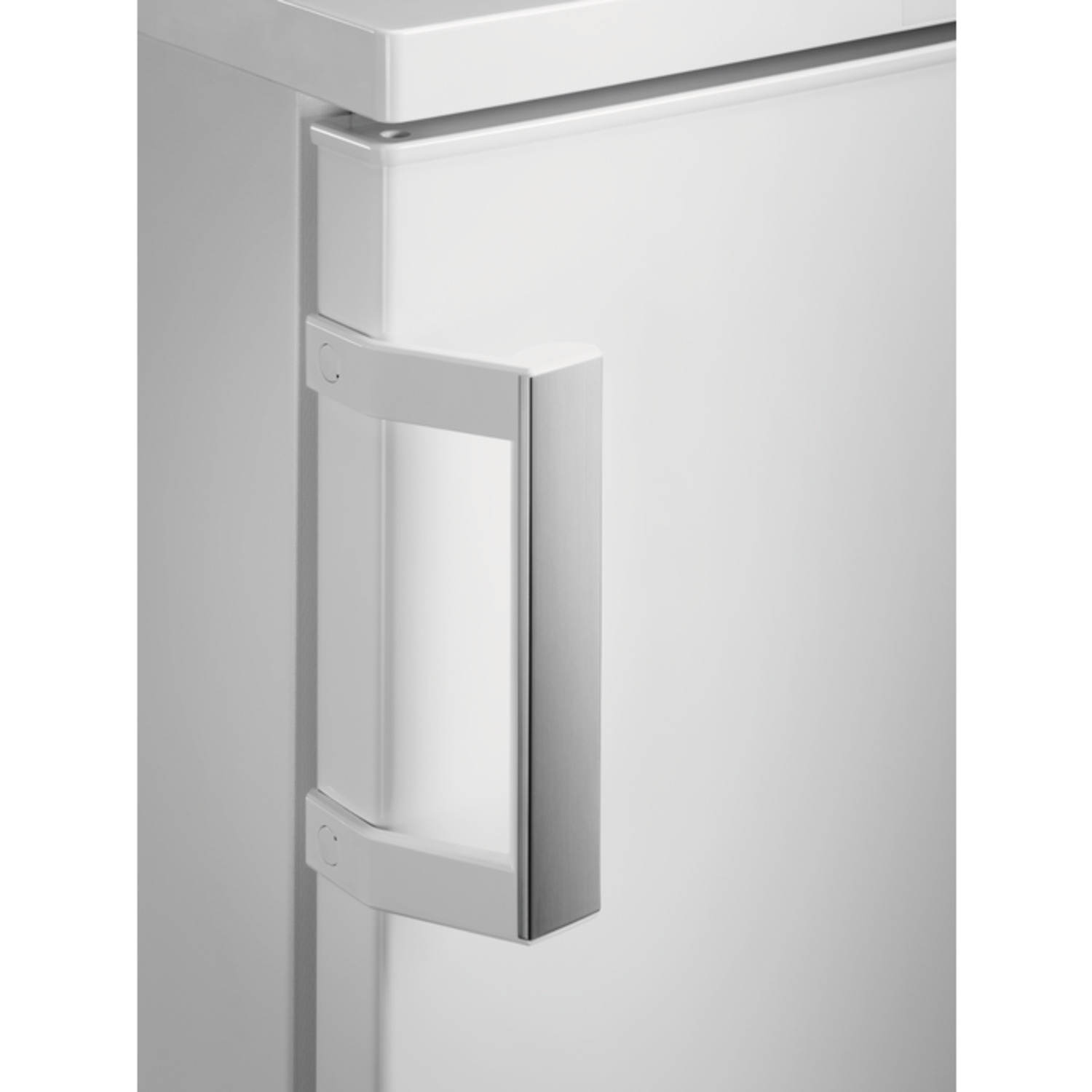 A close-up of a white refrigerator with a silver handle. The handle is vertical and rectangular.