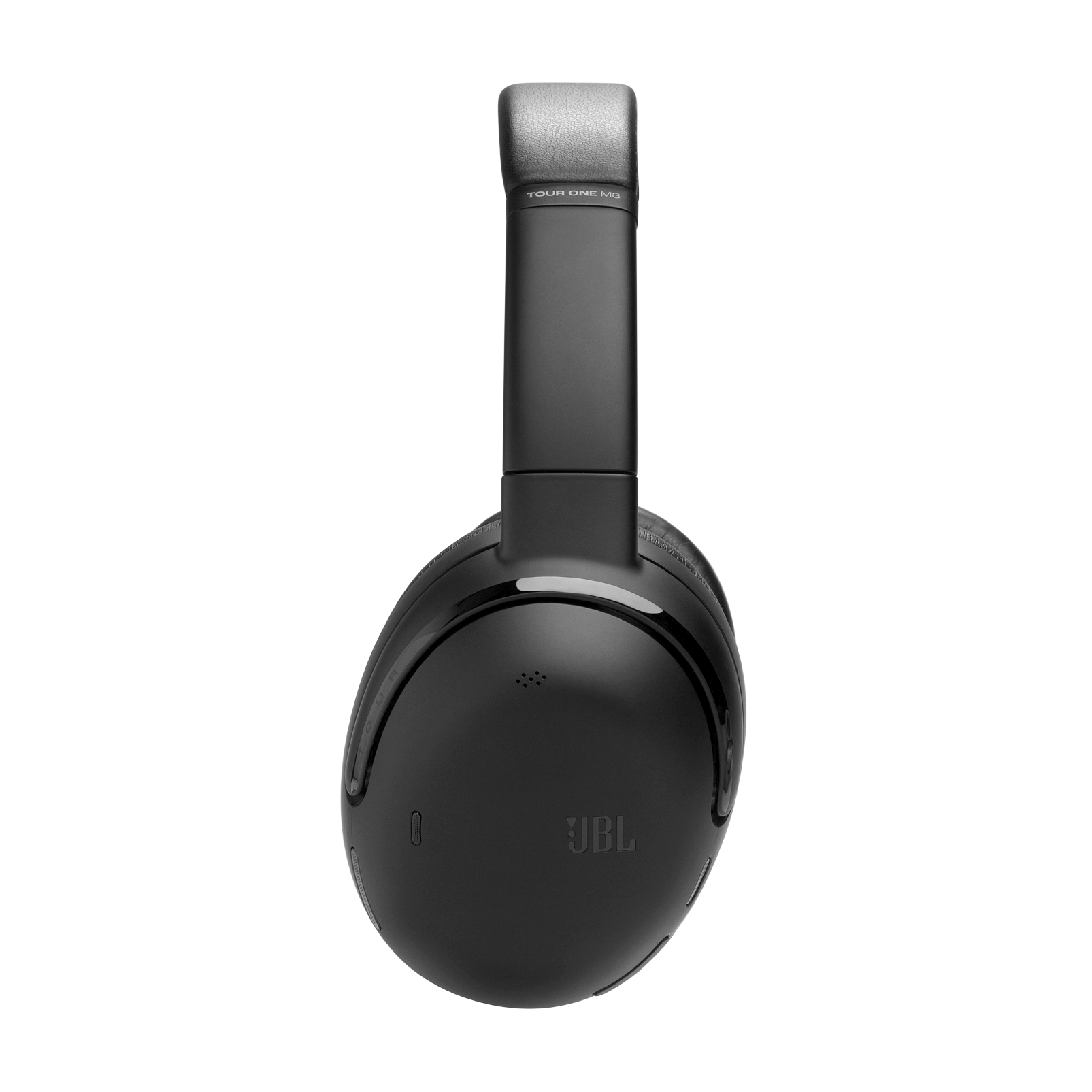 Siyah JBL Tour One M2 kulaklık, yukarıdan görünüm, kulaklıkları ve kafa bandını gösteriyor.
