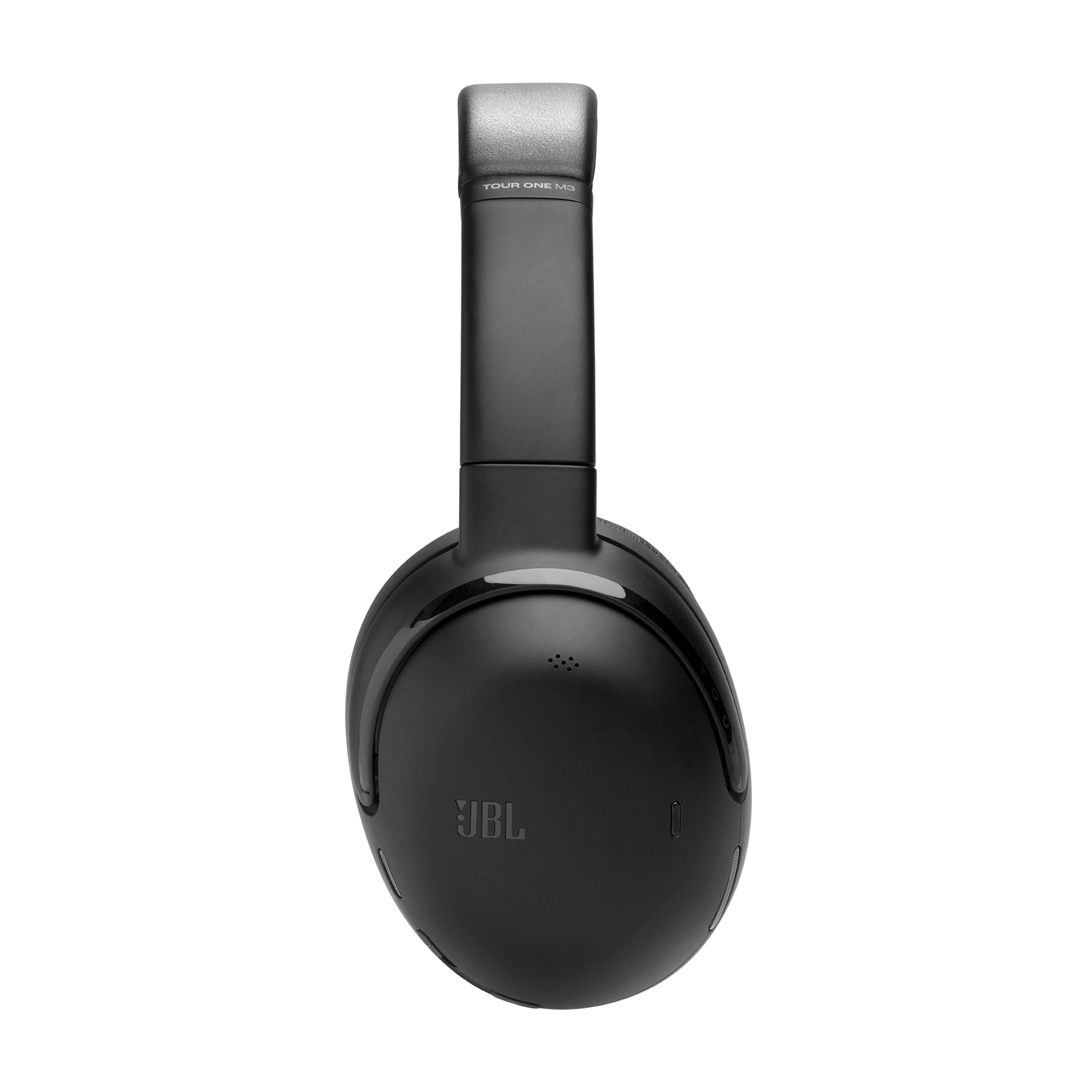 Siyah JBL Tour One M2 kulaklık, gümüş kafa bandı ile, siyah bir arka plan üzerinde.