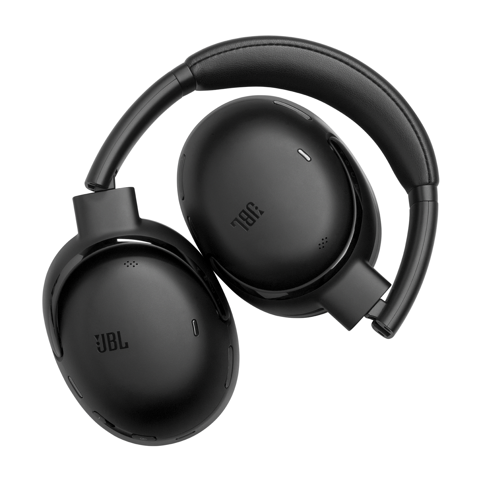 Siyah bir arka plan üzerinde katlanmış konumda siyah JBL kulaklıklar. JBL marka adı görünür.