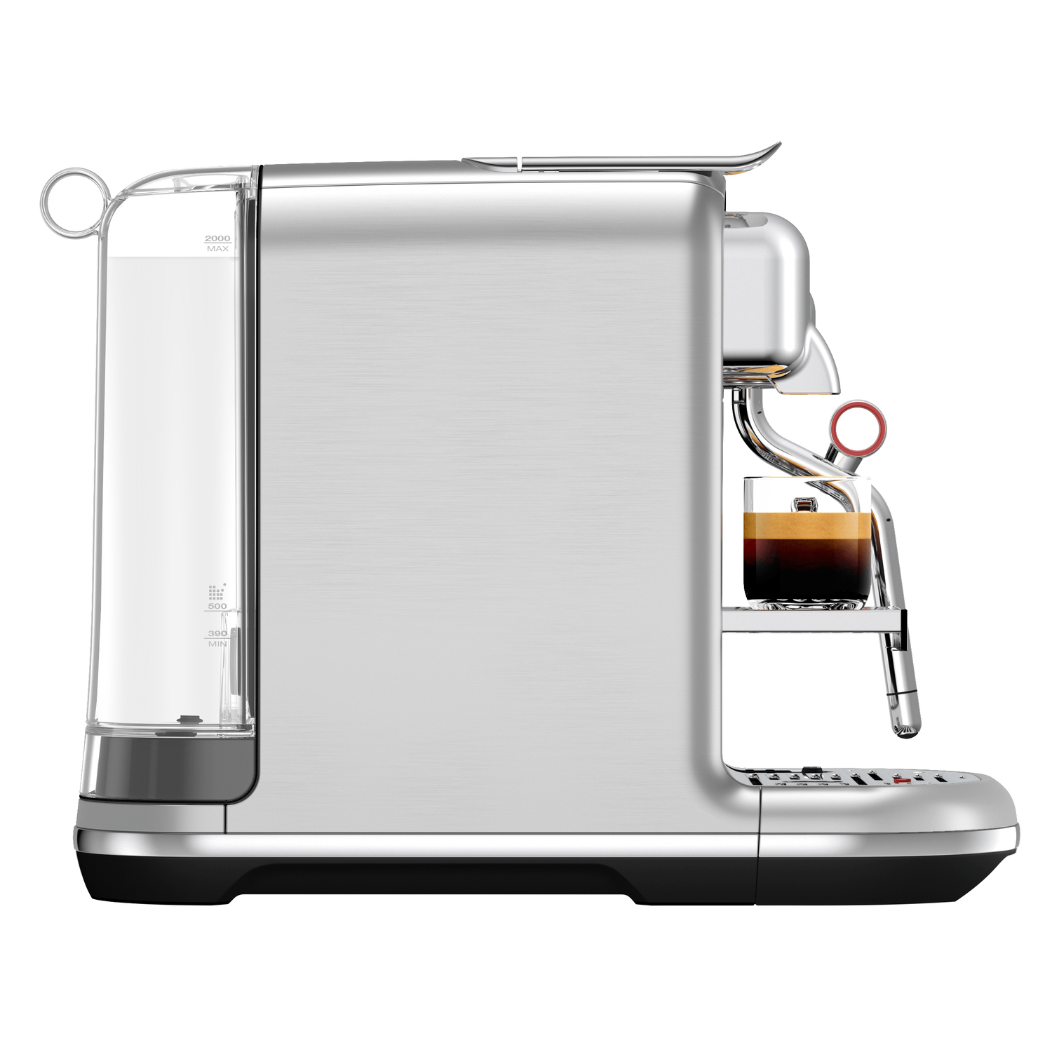 Zilveren espressomachine met watertank en een glas koffie.
