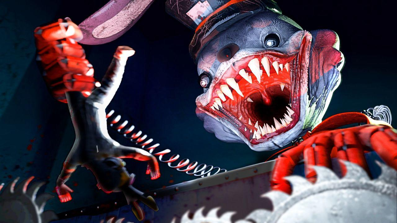 Horrorszene: Gruseliger Clown mit großem Mund und Zähnen. Hand mit Sägeblättern.