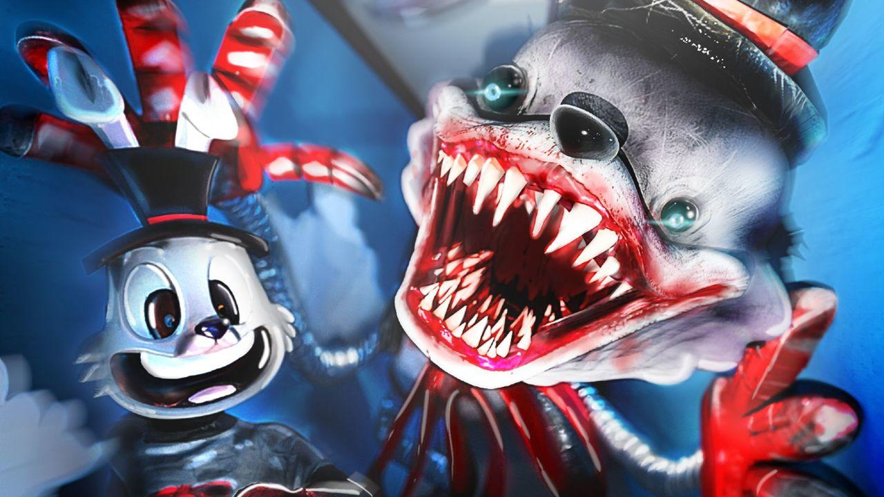 Zwei clownartige Figuren, eine lächelt, eine mit scharfen Zähnen. Der Hintergrund ist blau und verschwommen.