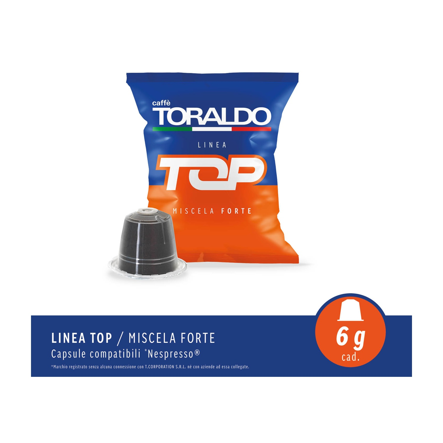 Una cialda di caffè e un sacchetto di chicchi di caffè. Il sacchetto è arancione con testo blu.