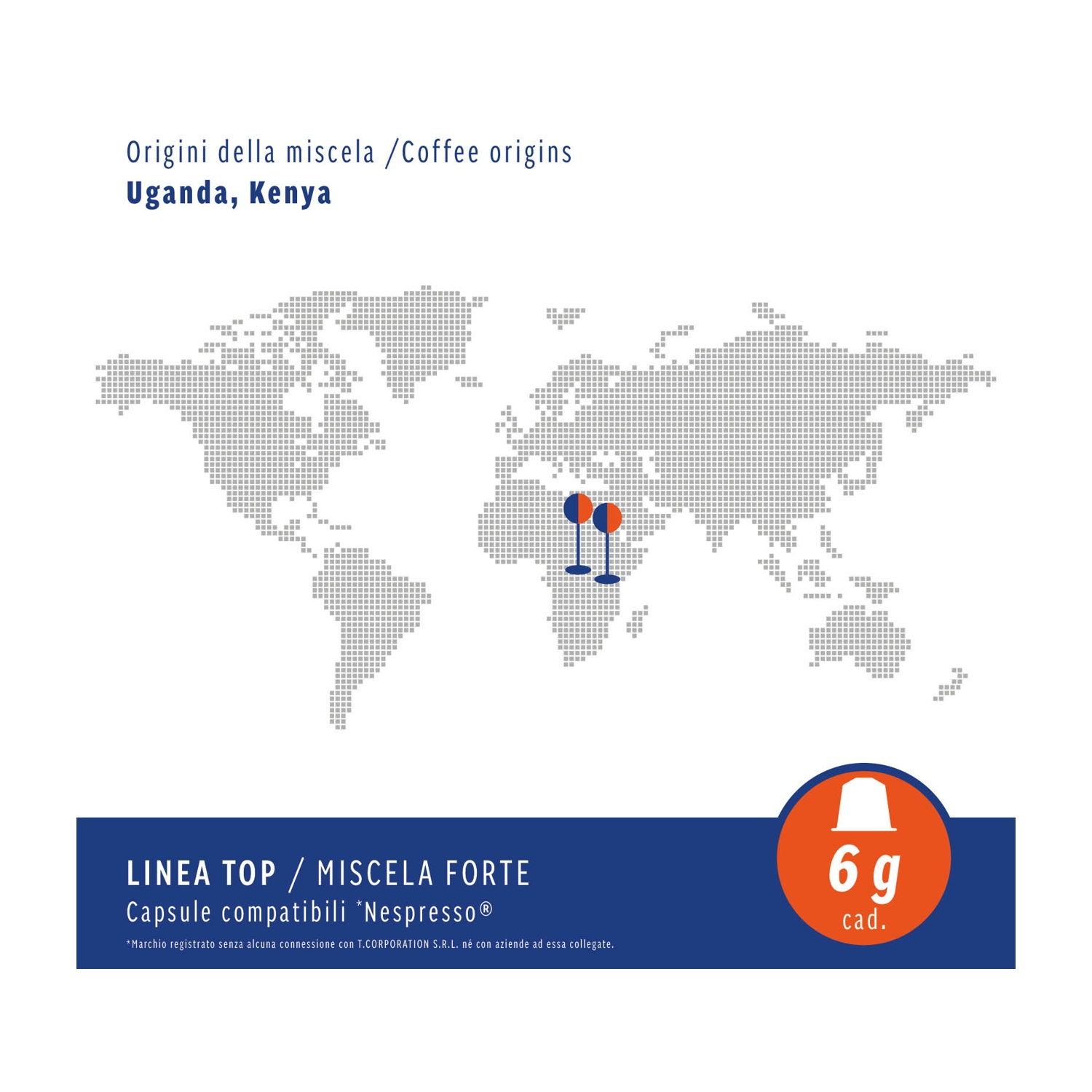 Mappa del mondo con bandiere che indicano le origini del caffè in Uganda e Kenya.