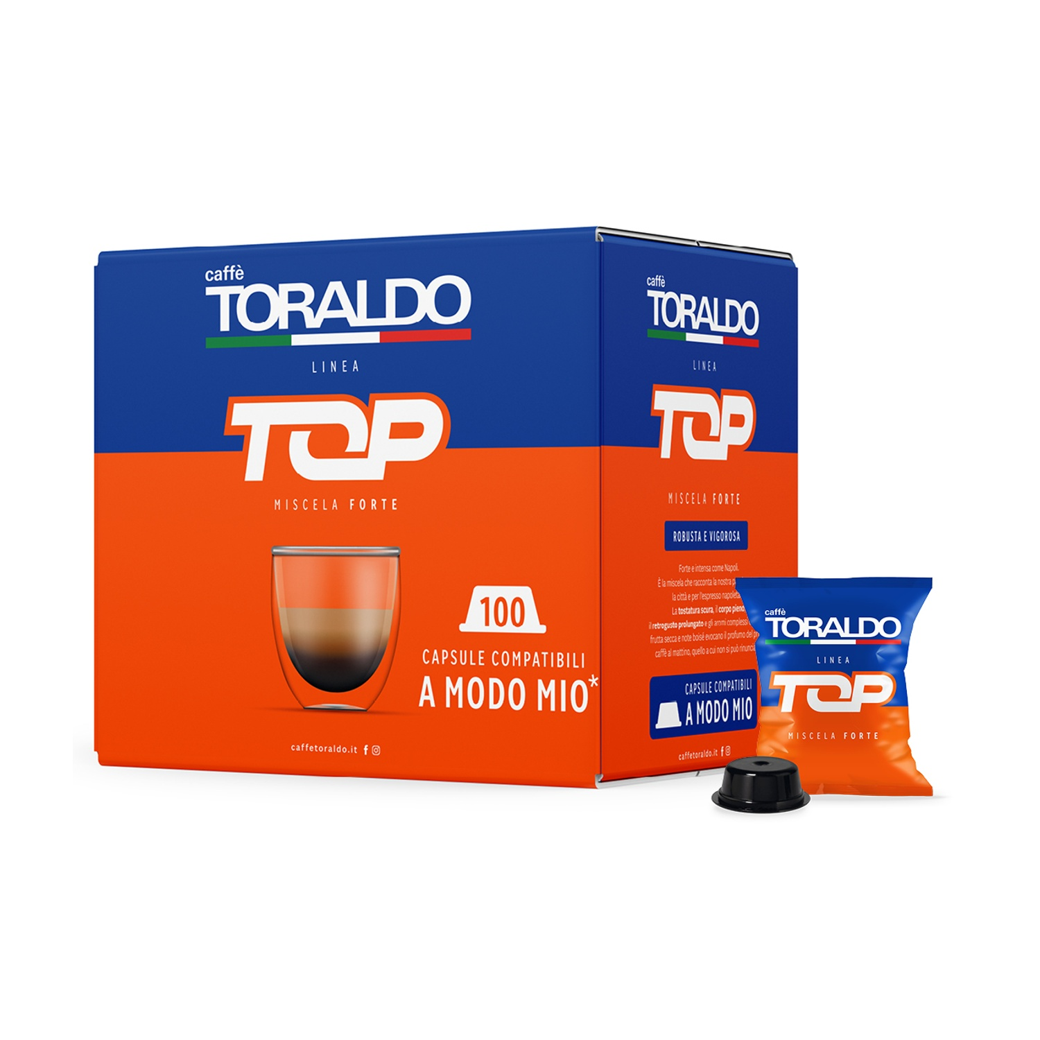 Scatola di caffè con un bicchiere di caffè e un pacchetto. Colori arancione e blu. Sfondo bianco.