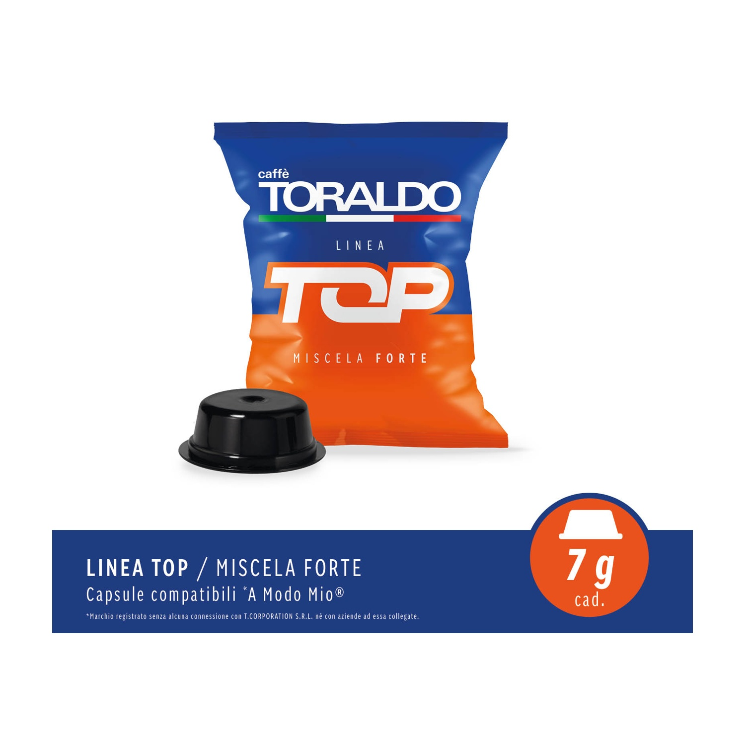 Capsula di caffè e sacchetto. Testo: Linea Top, Miscela Forte e logo Toraldo.