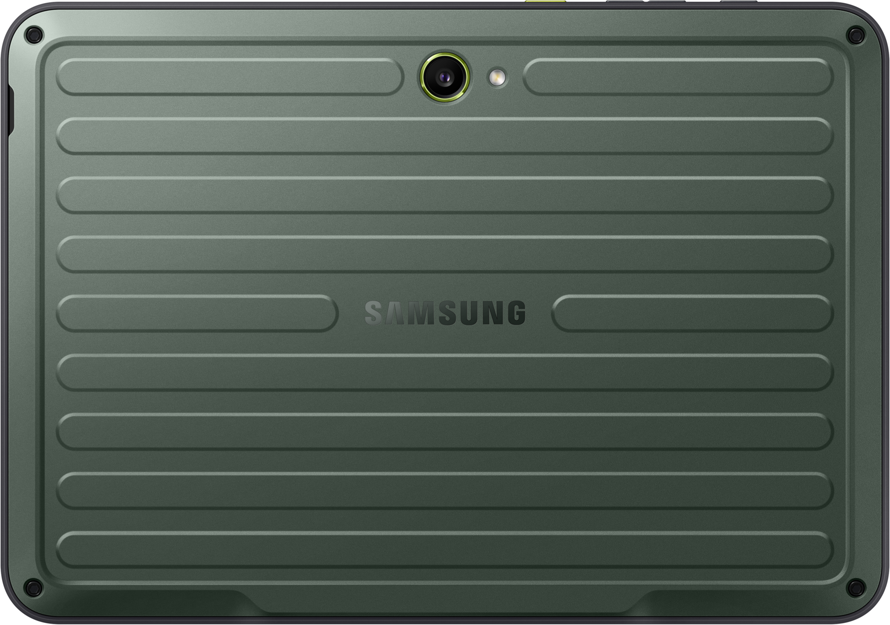 Robuster Tablet, grün. Die Rückseite hat ein geripptes Design und das Samsung-Logo. Kamera oben.