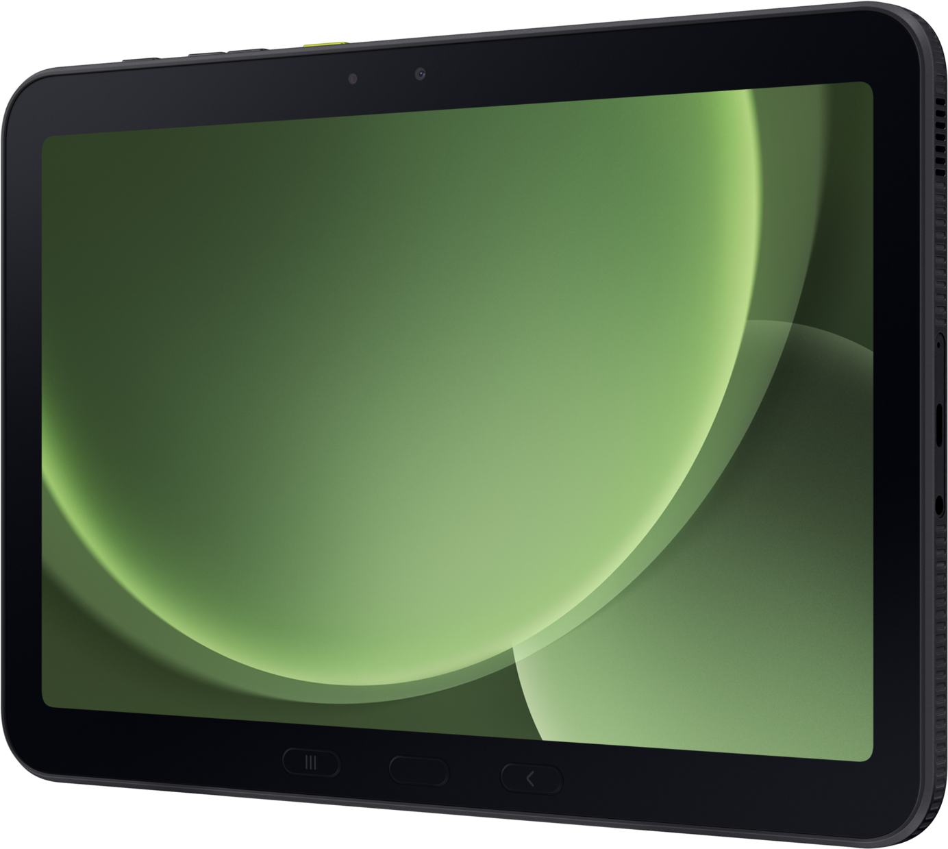 Tablet mit grünem Farbverlauf-Bildschirm, Frontkamera und schwarzem Rahmen.
