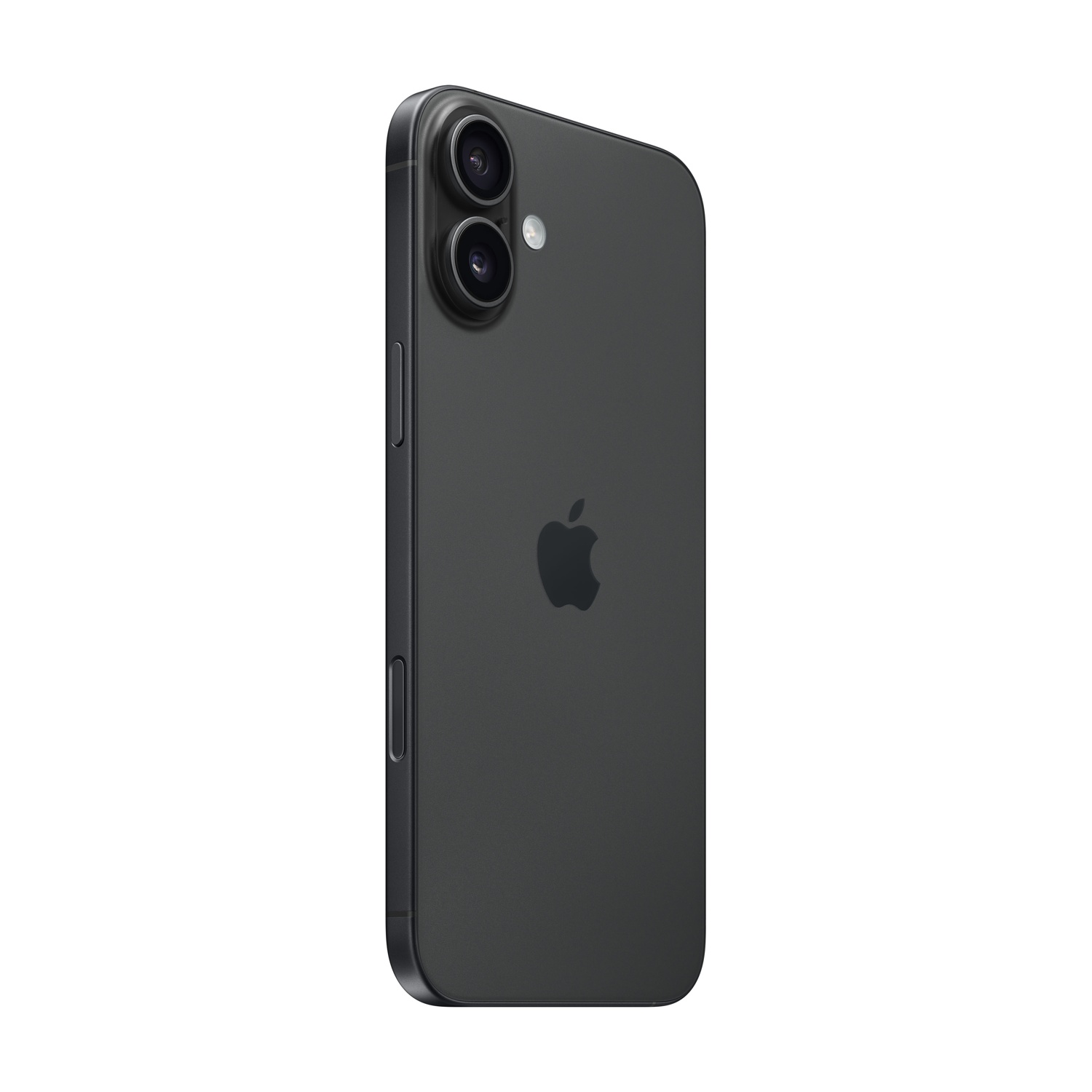 Smartphone nero con doppia fotocamera, logo Apple, pulsanti laterali, su sfondo bianco.