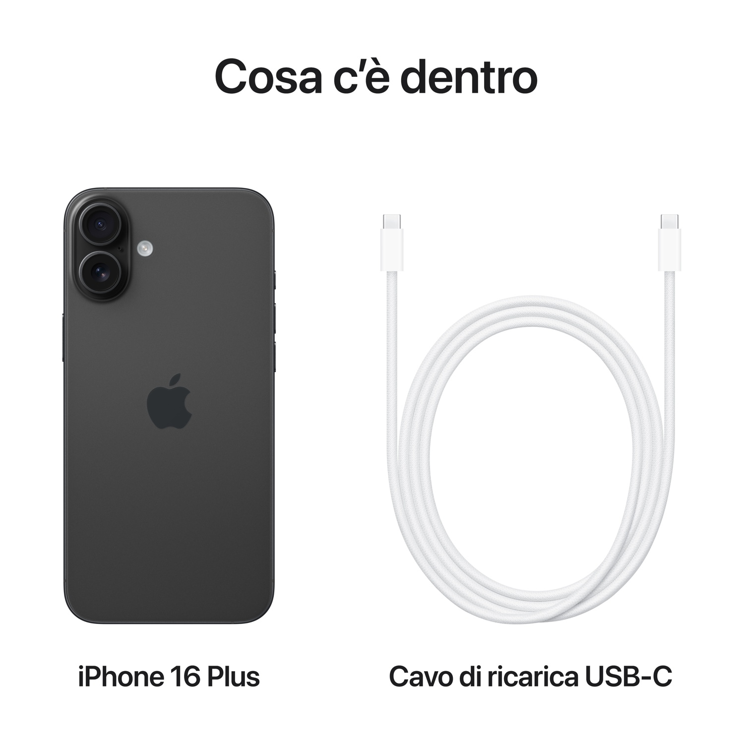 L'immagine mostra un iPhone 16 Plus e un cavo di ricarica USB-C bianco.