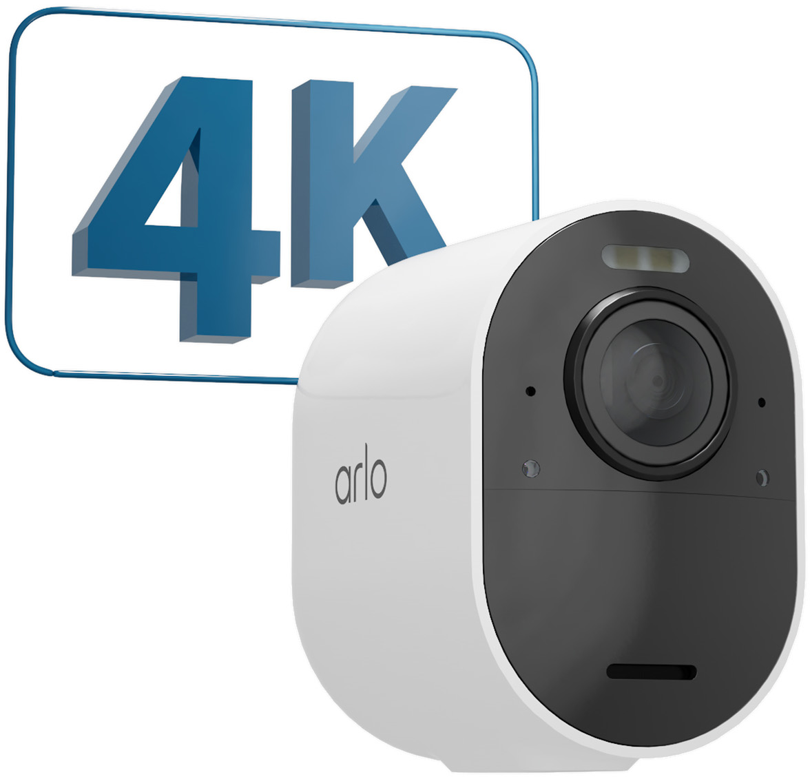 Weiße Arlo-Kamera mit 4K-Logo, schwarzer Hintergrund.