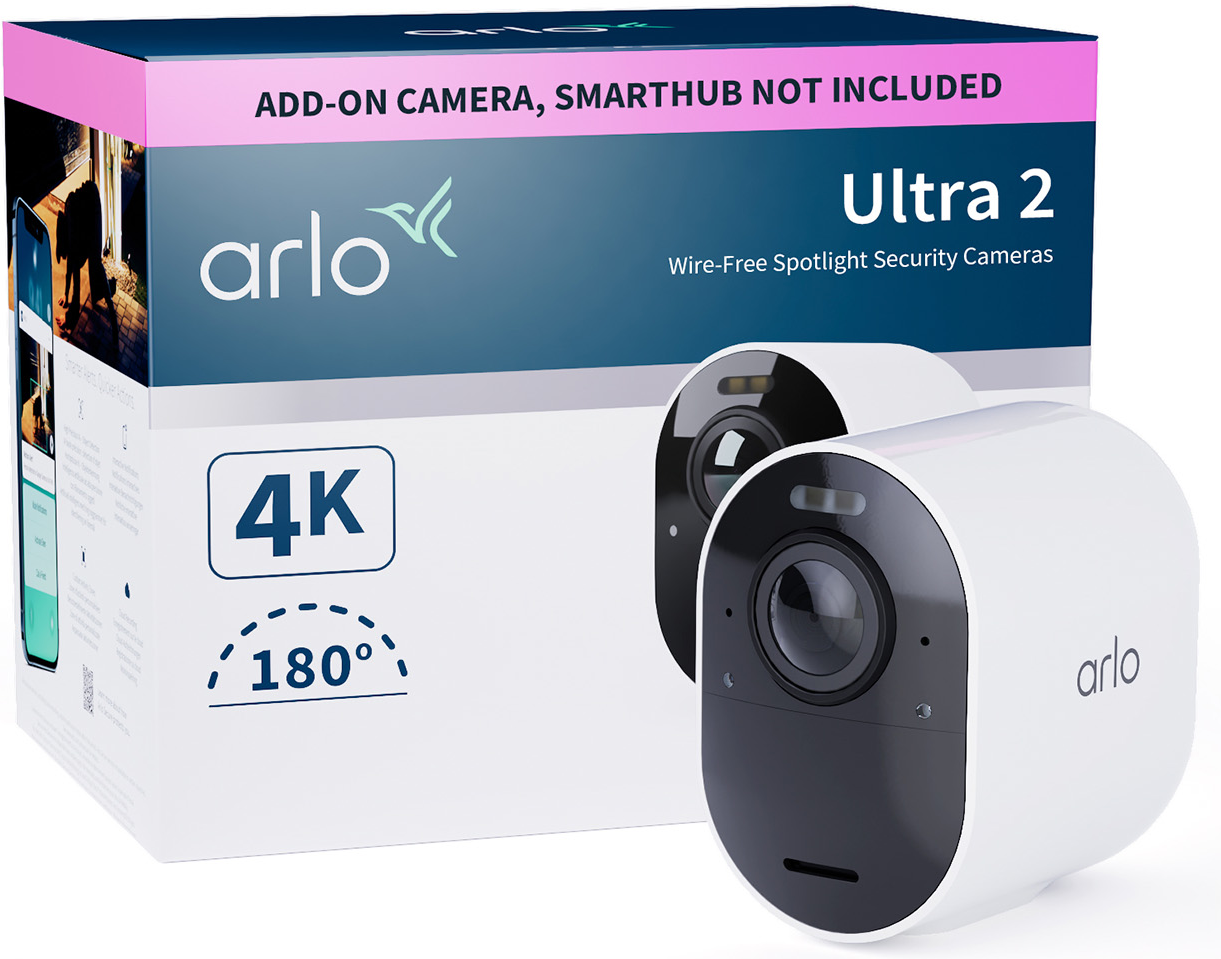 Arlo Ultra 2 Sicherheitskameras in einer Box mit Text.