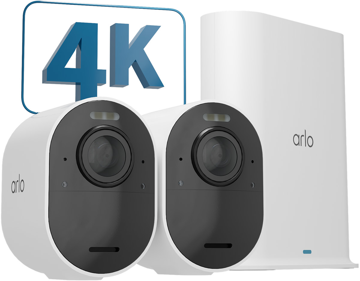 Arlo Sicherheitskameras mit 4K-Auflösung. Weiße Kameras und eine Basisstation.