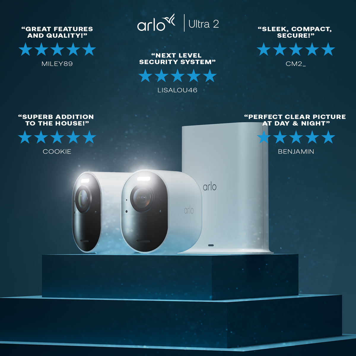 Arlo Ultra 2 Kameras und Basisstation auf blauer Plattform. Kundenbewertungen mit Sternebewertungen werden angezeigt.