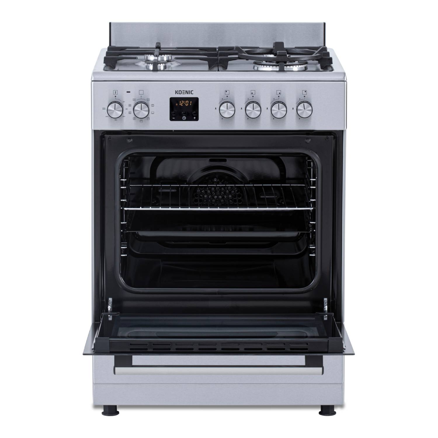 Een zilveren Koenic gasfornuis met een open ovendeur.