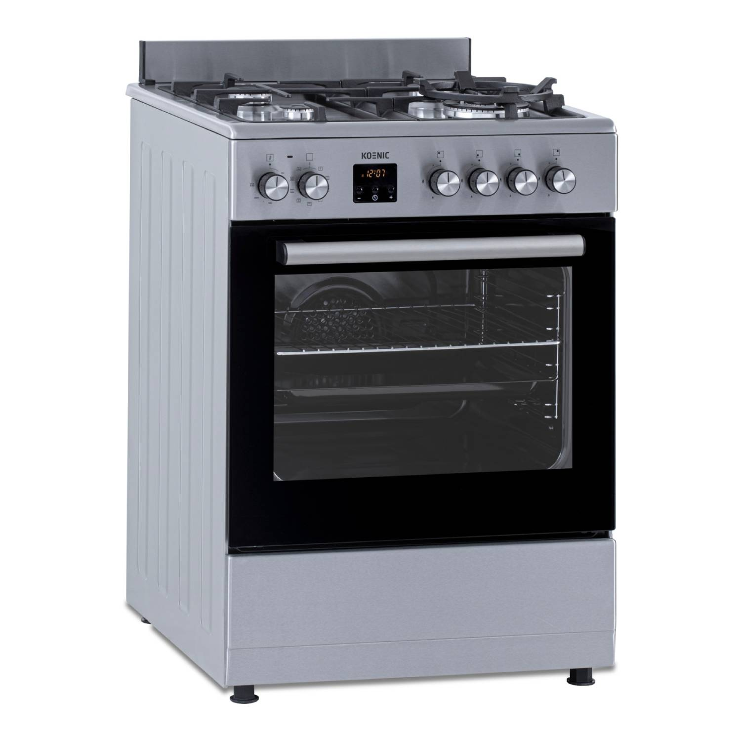 Een roestvrijstalen Koenic gasfornuis met vier branders, een oven en bedieningsknoppen.