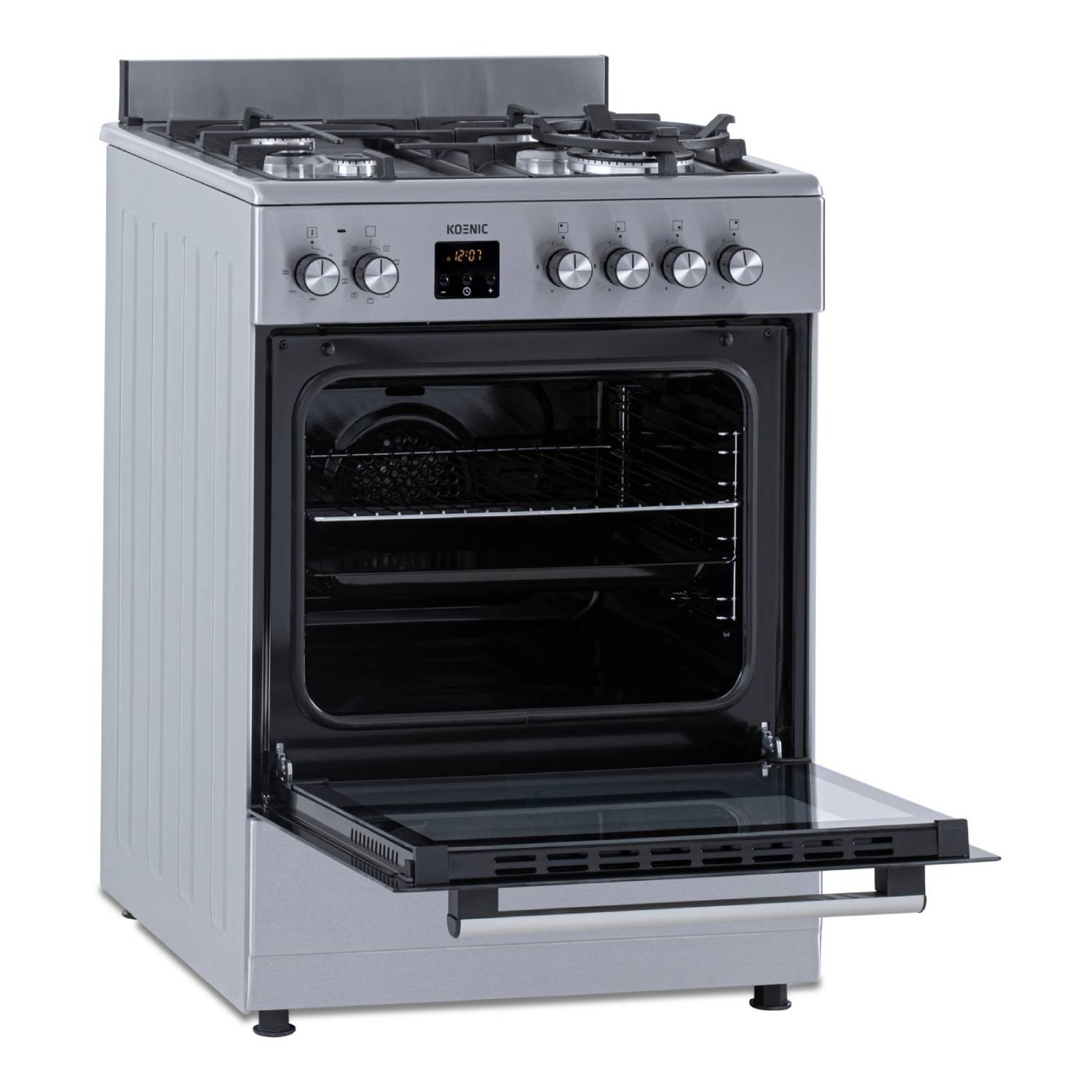 Een zilveren Koenic gasfornuis met de ovendeur open, met het interieur en de bedieningselementen.