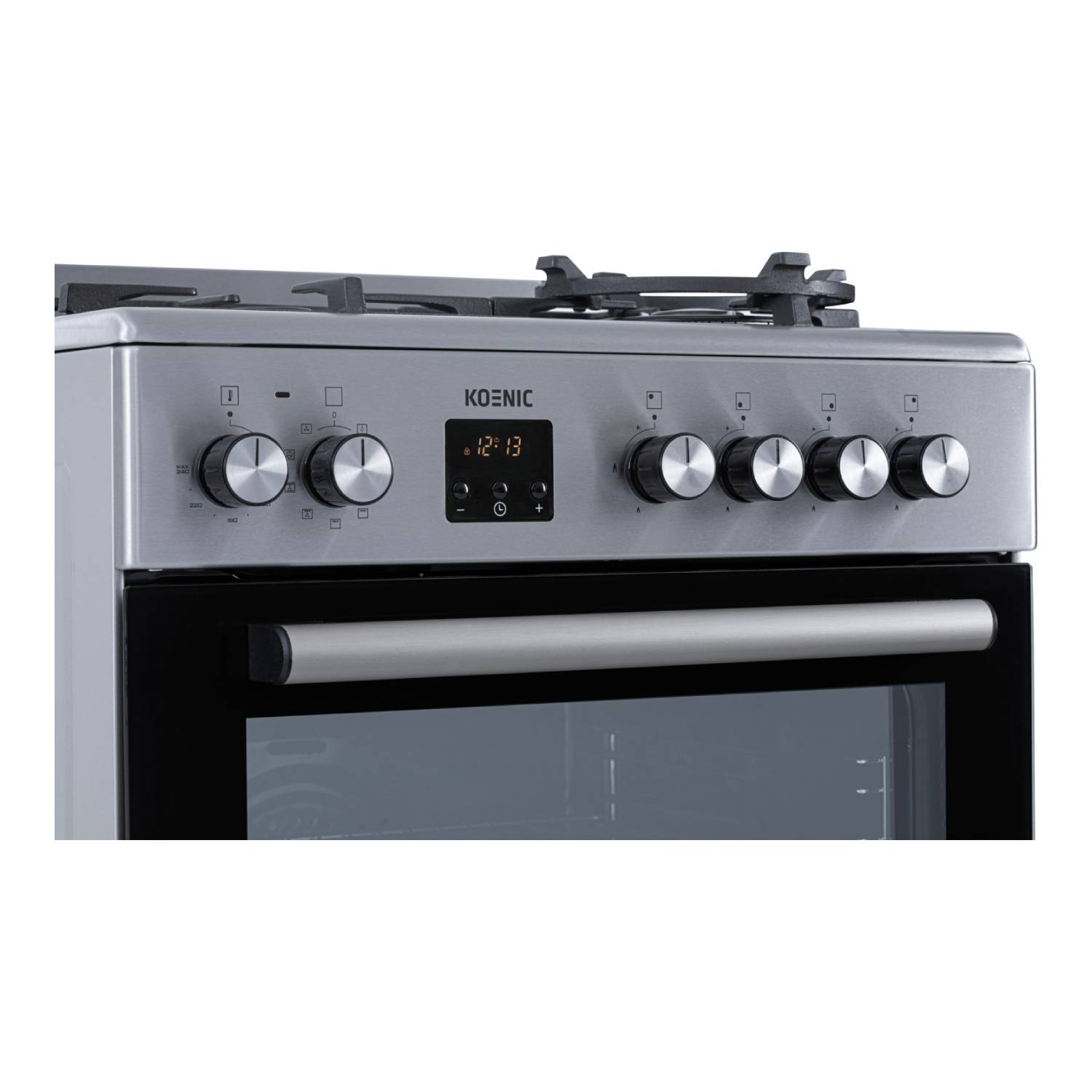 Zilveren Koenic oven met knoppen, display en glazen deur.