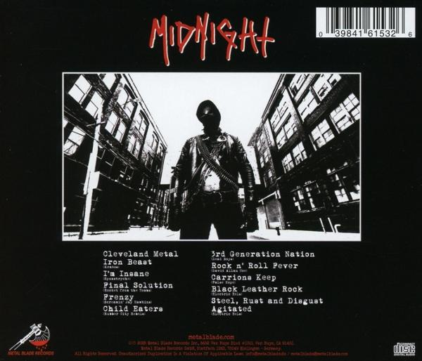 Die Rückseite eines Midnight-Albums mit einer Schattenfigur und Trackliste.