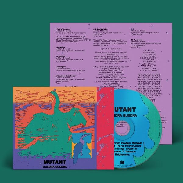 Albumcover mit blau-grüner Figur und rot-orangefarbenem Streifen. Eine CD rechts.