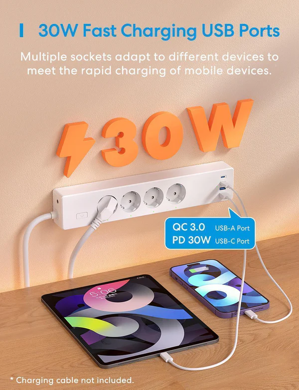 Fehér elosztó dugókkal, USB portokkal, táblagéppel és telefon töltéssel.