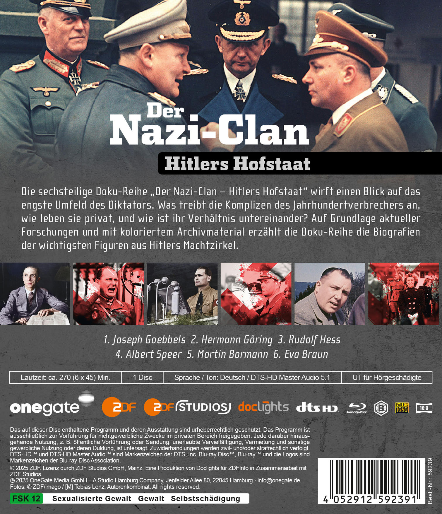 DVD-Rückseite: Der Nazi-Clan, Hitlers Hofstaat. Deutscher Text, Bilder historischer Figuren, Logos und technische Details.