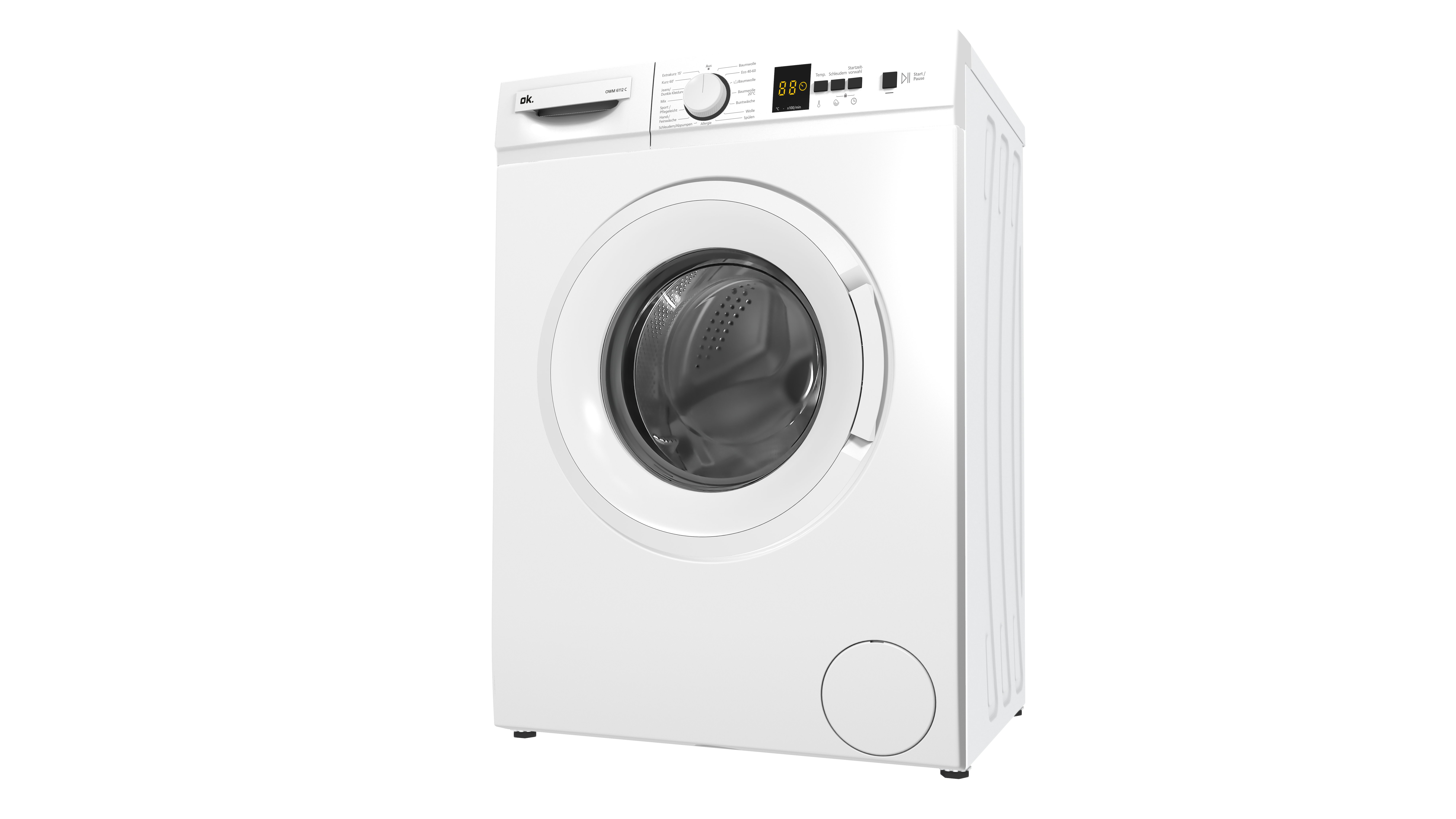 Weiße Waschmaschine, Vorderansicht, mit runder Tür und Bedienfeld.