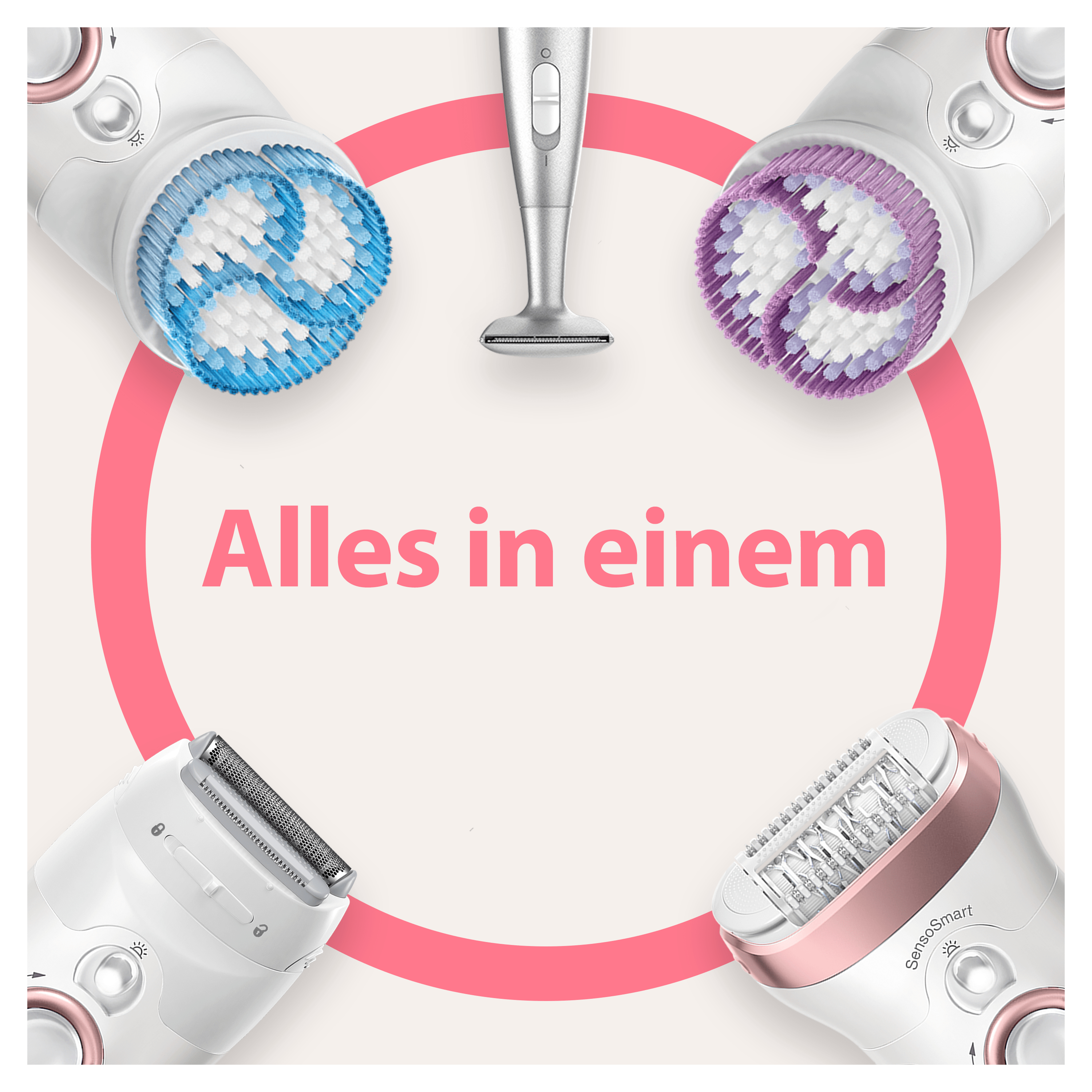 Vier Epilierer-Köpfe um einen rosa Kreis mit dem Text 'Alles in einem'. Verschiedene Farben und Designs.