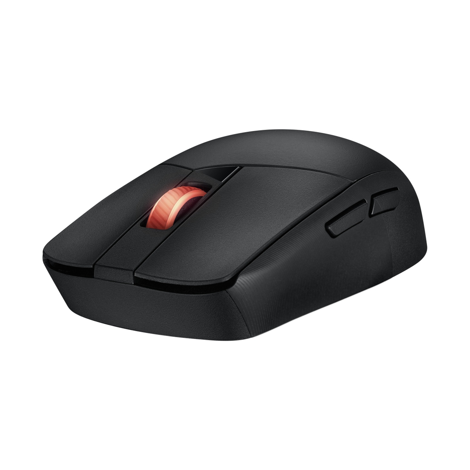 Mouse nero con rotella rossa e due pulsanti laterali.