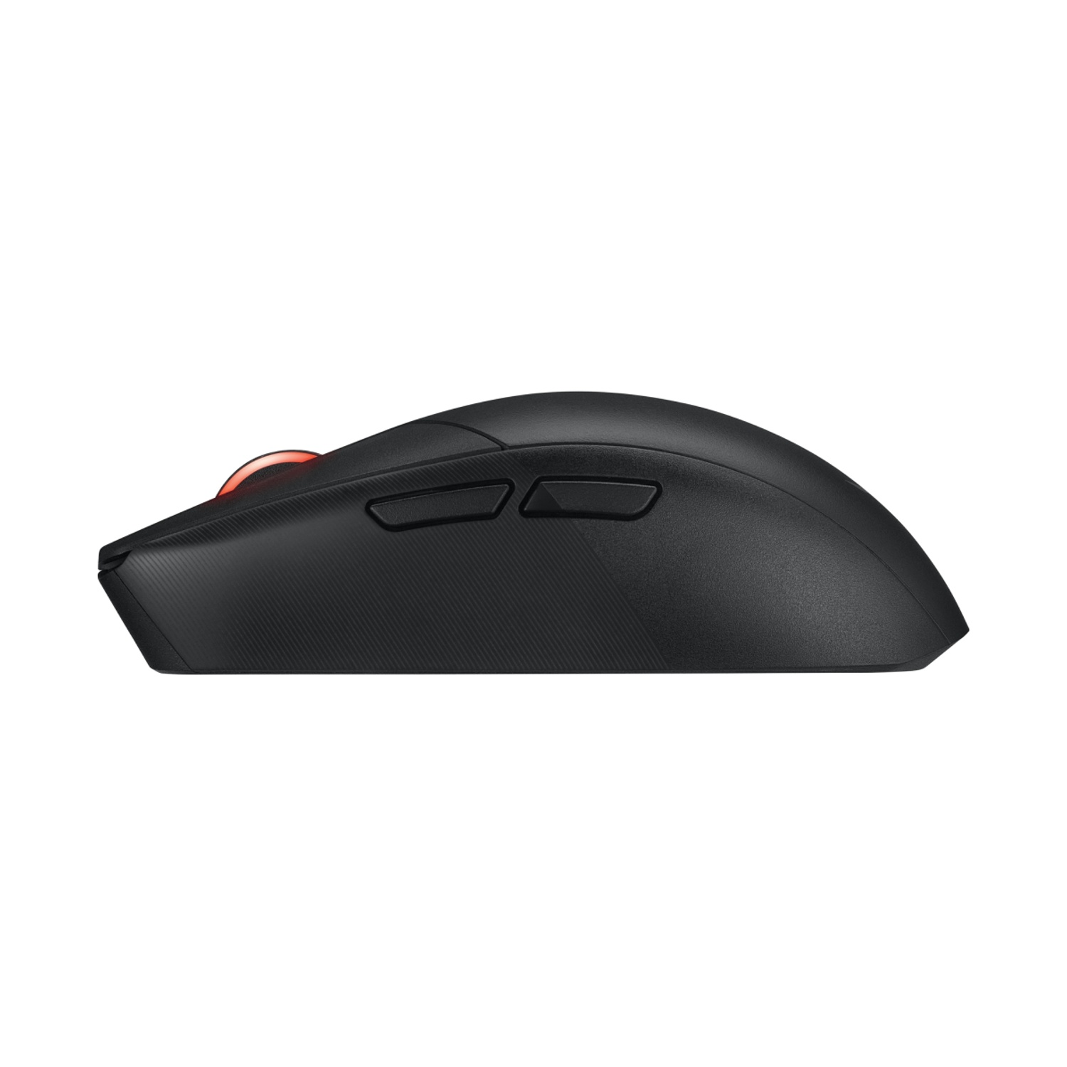 Mouse wireless nero con due pulsanti laterali e una rotellina arancione.