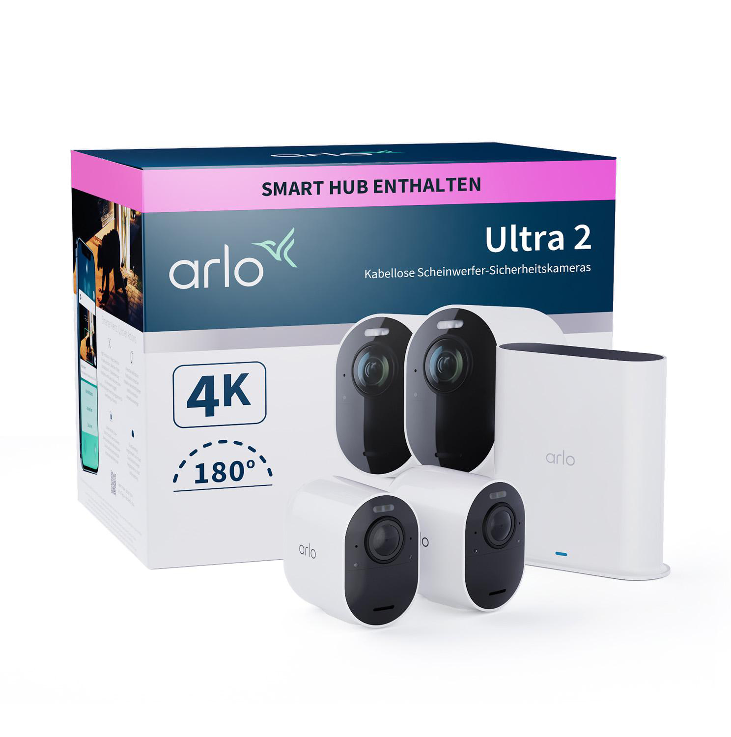 Arlo Ultra 2 Sicherheitssystem-Box mit Kameras und Hub. Weißer Hintergrund.
