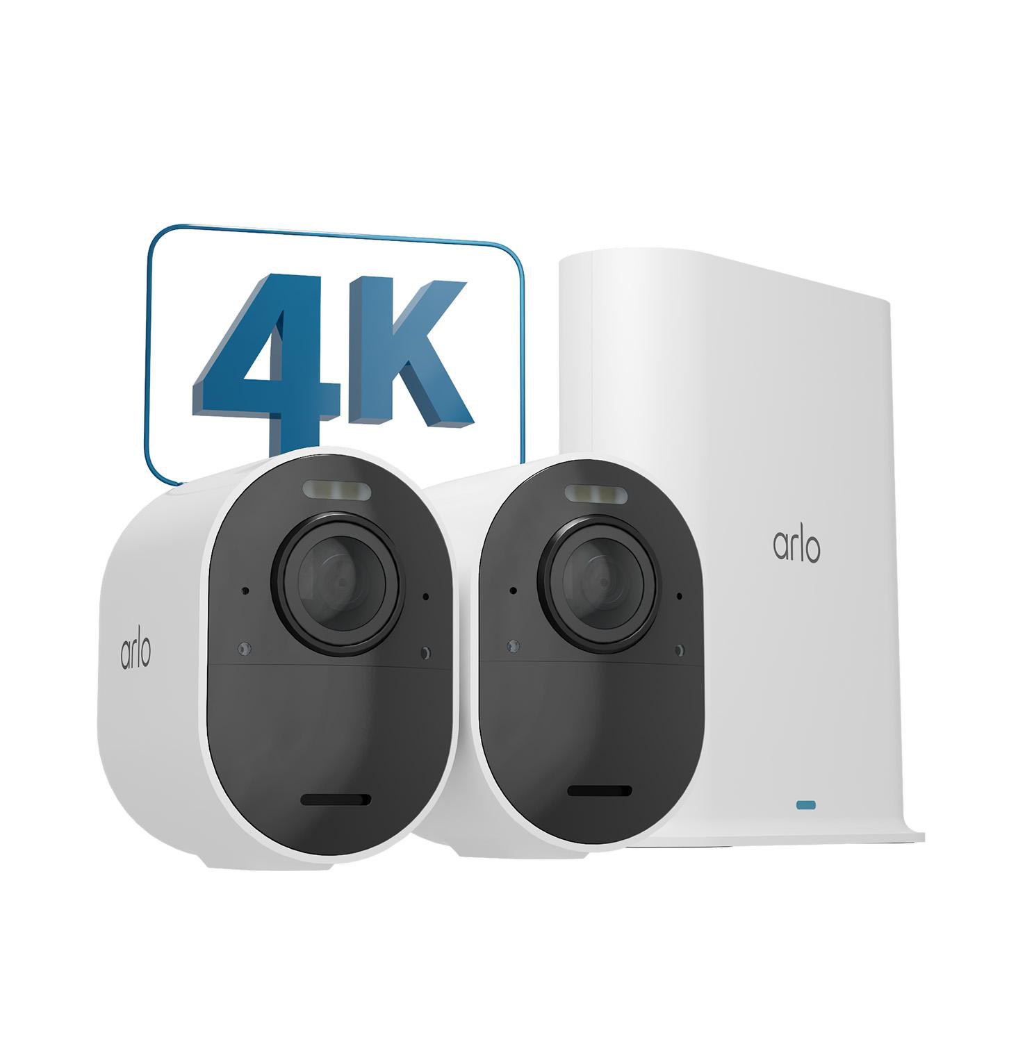 Ein Überwachungskamera-Set mit zwei weißen Kameras und einem weißen Hub. Der Text '4K' ist sichtbar.