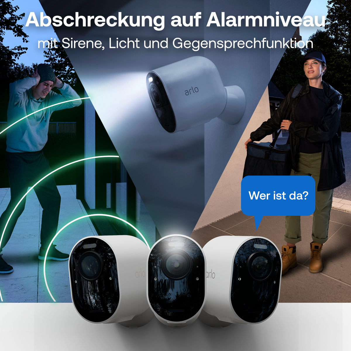 Sicherheitskameras zeigen eine Szene mit einem Haus, einer Person und einem grünen Licht.