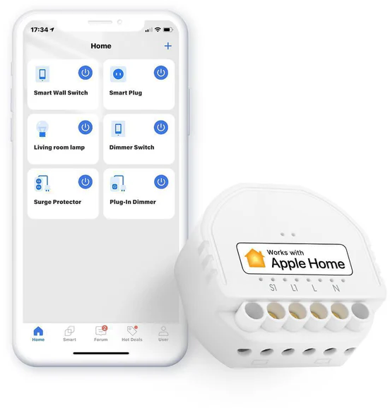 Egy okostelefon és egy okosotthon eszköz, a „Works with Apple Home” felirattal.