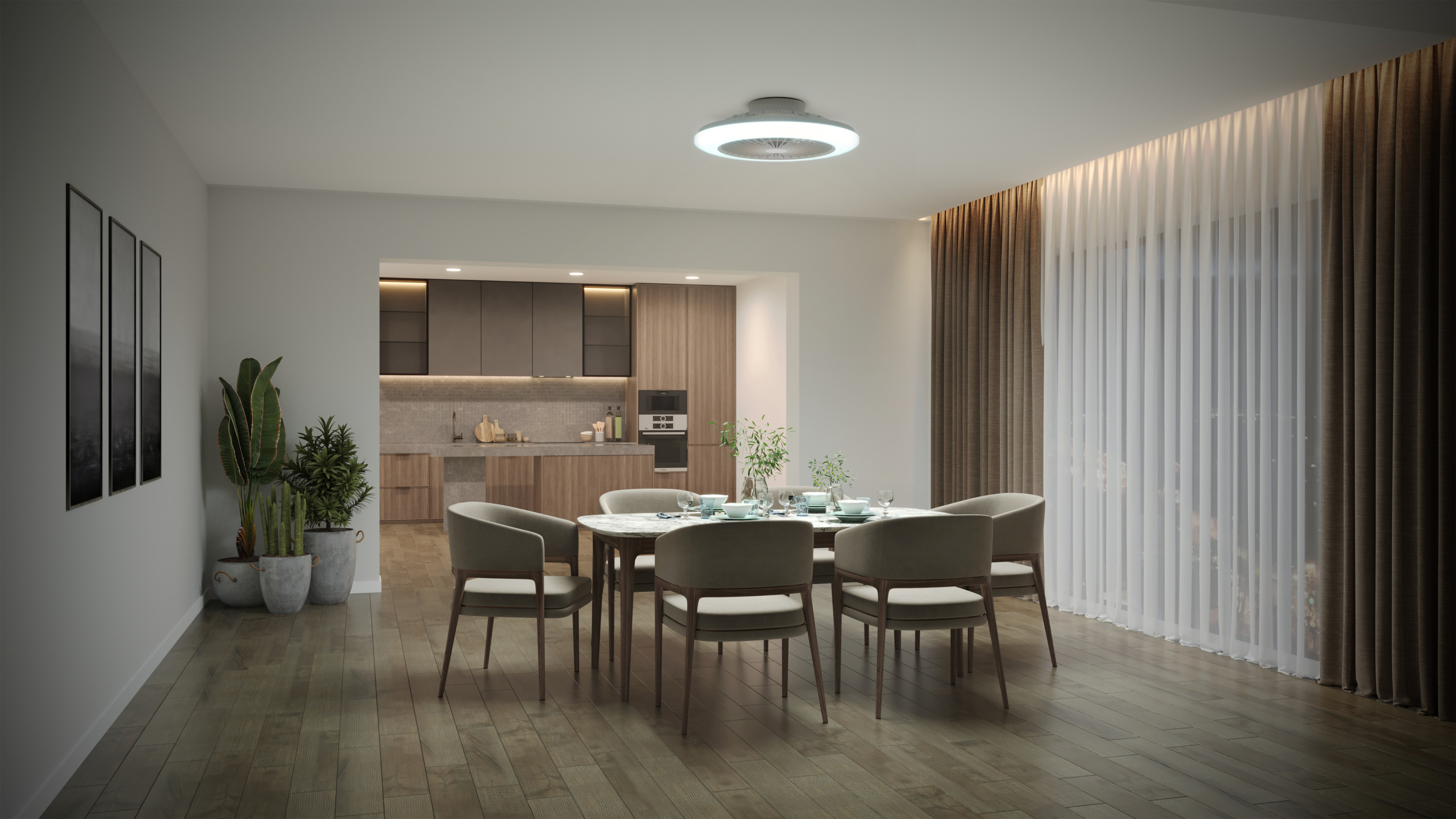 Un comedor con mesa, sillas y una lámpara de ventilador de techo.