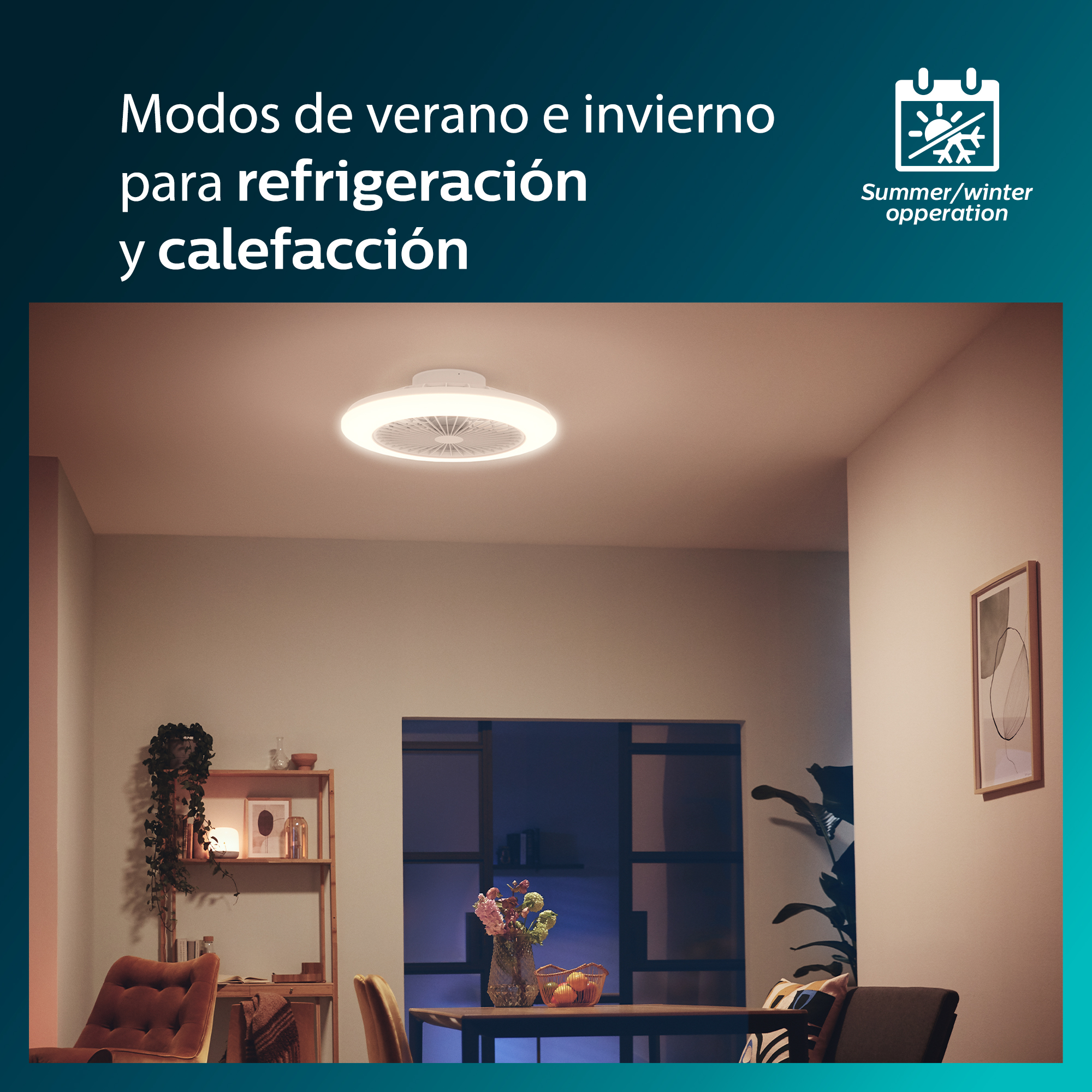 Un ventilador de techo con luz, en una habitación, con texto sobre modos de verano e invierno.