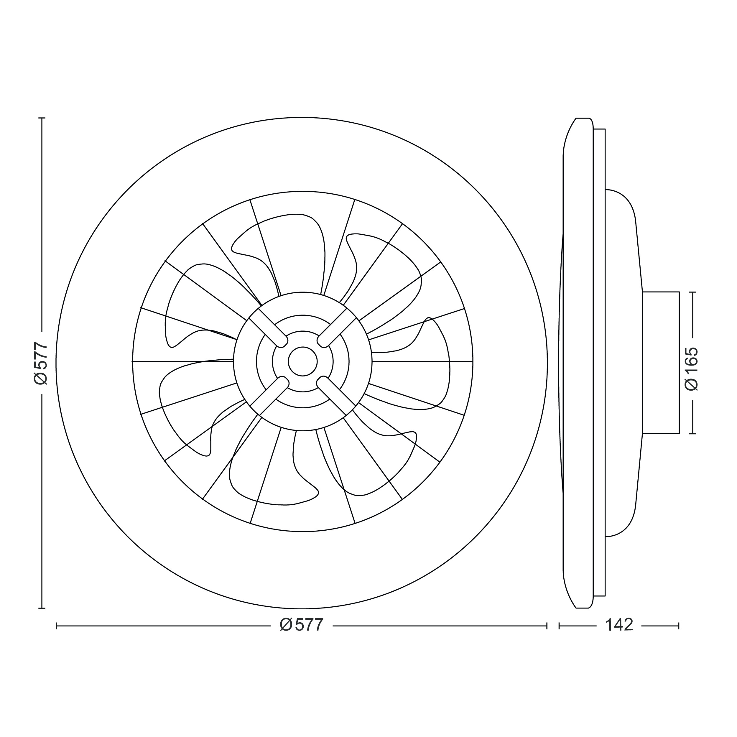 Dibujo técnico de un ventilador. Se indican las dimensiones.