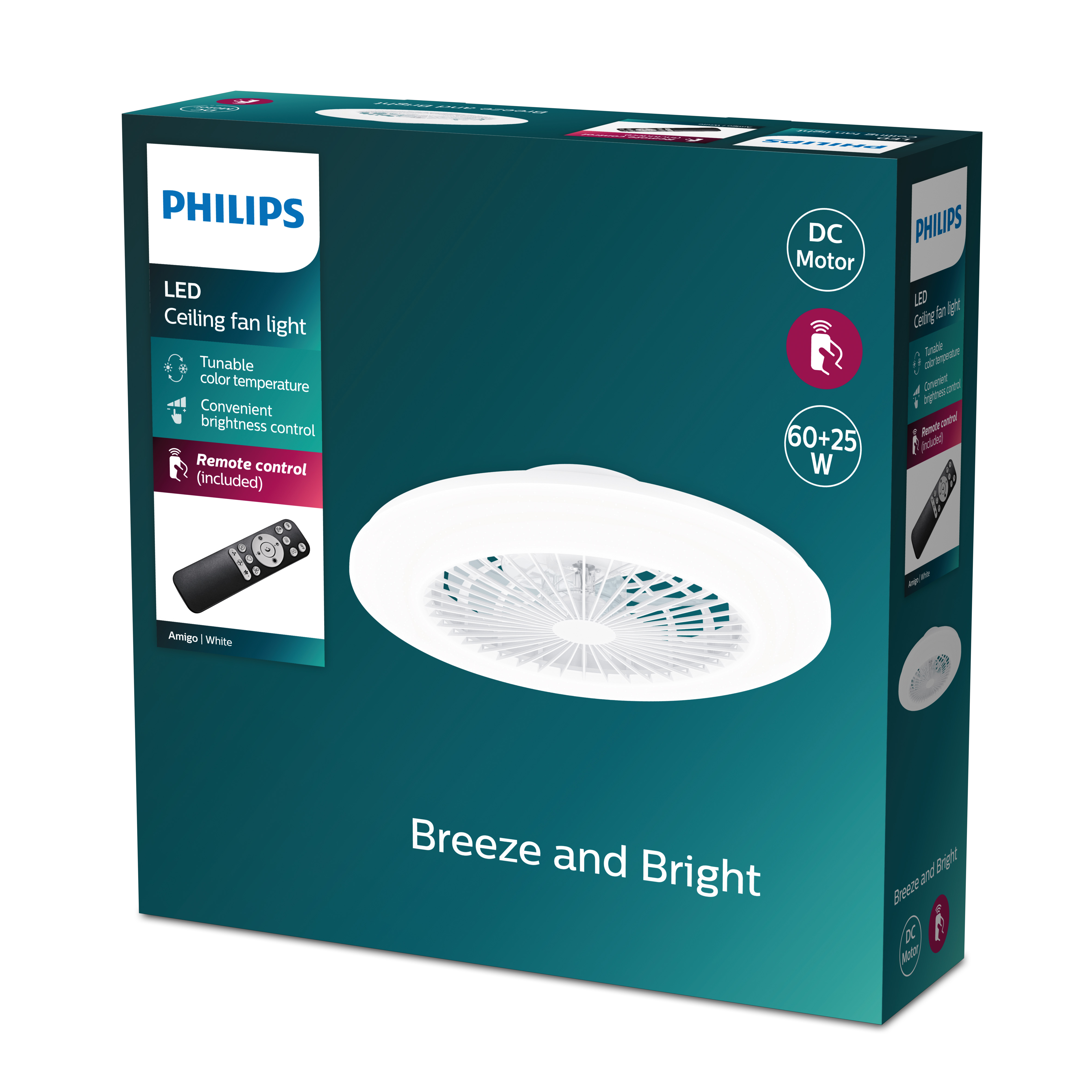 Una caja de luz de ventilador de techo LED Philips. Muestra el ventilador y sus características.