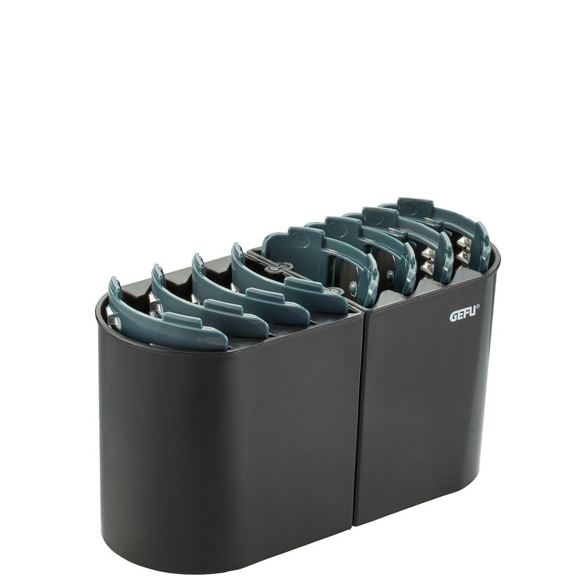 Schwarzer Messerblock mit blauen Messerschlitzen, voll mit Messern.