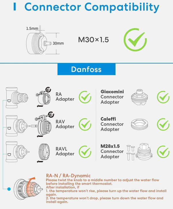 Diagram a csatlakozó kompatibilitásáról különböző termosztát adapterekhez. Szöveg és pipák láthatók.