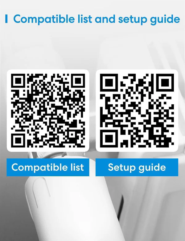 Két QR-kód fehér felületen, kék címkékkel: 'Kompatibilis lista' és 'Beállítási útmutató'.