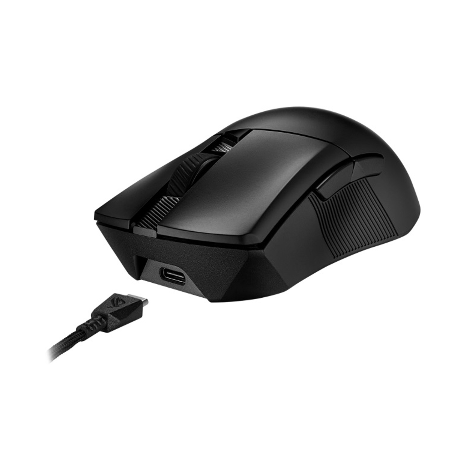Mouse per computer nero con cavo di ricarica collegato.