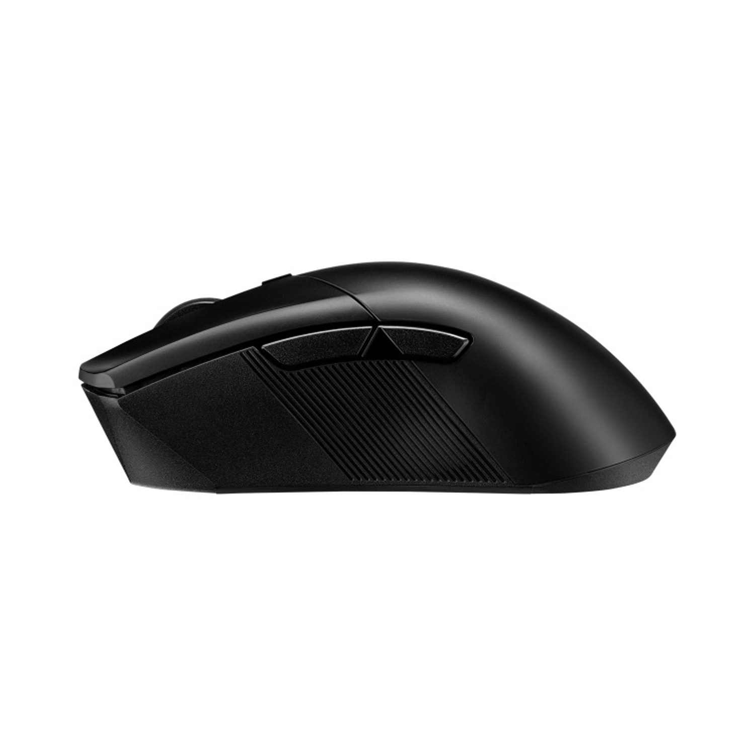 Mouse per computer nero, vista laterale, sfondo bianco.
