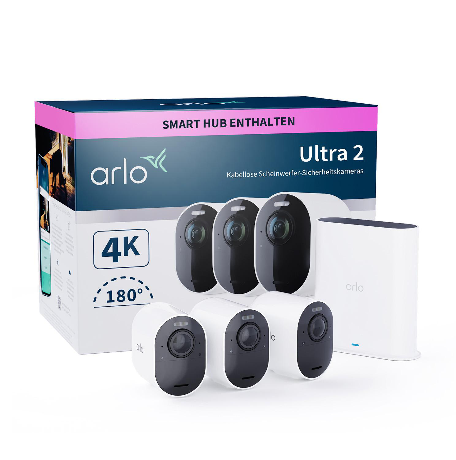 Box mit Arlo Ultra 2 Sicherheitskameras und Hub. Enthält 4 Kameras und einen weißen Hub.